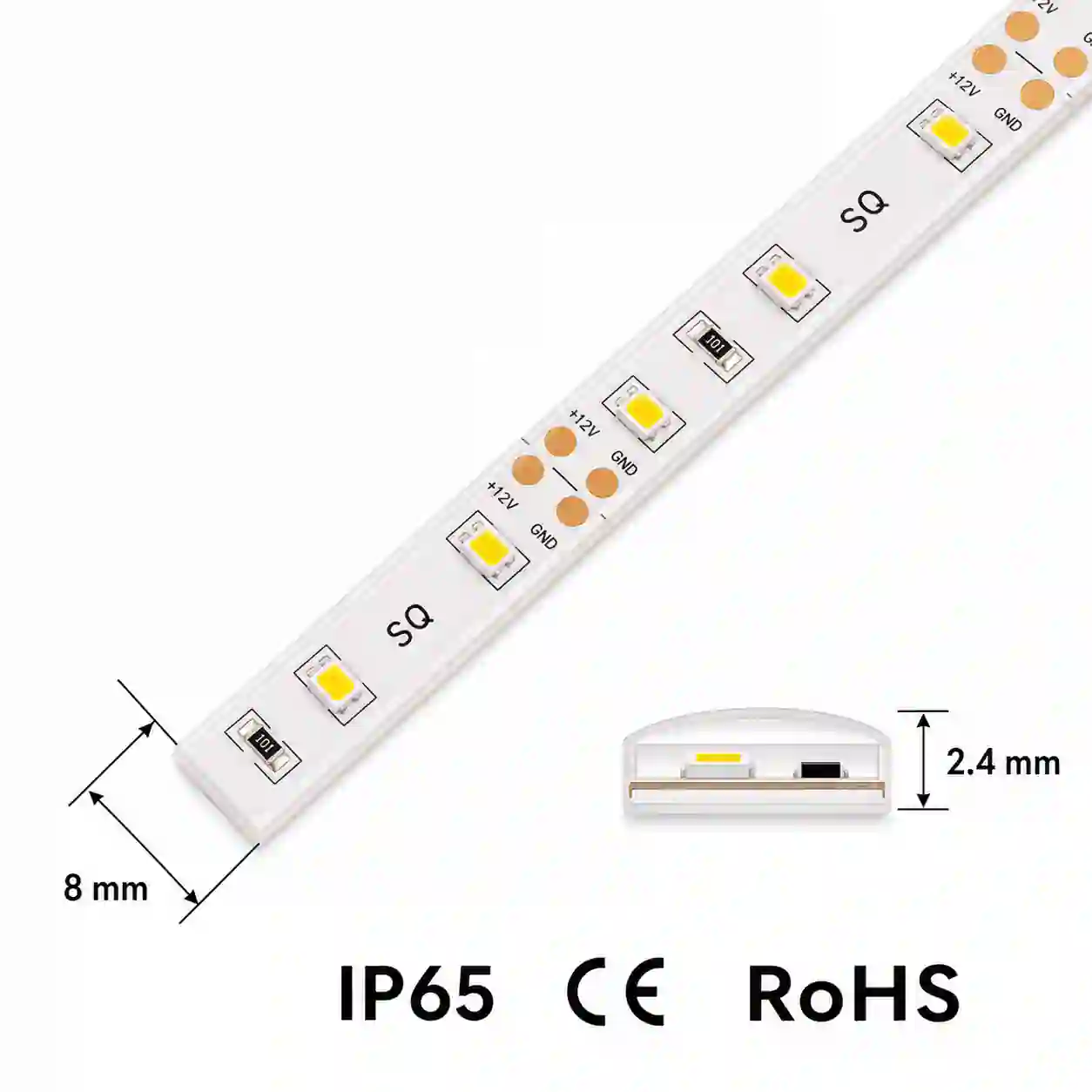 Rozměry zalitého LED pásku 2835 SMD 8mm šířka 2,4mm výška IP65 certifikace CE RoHS